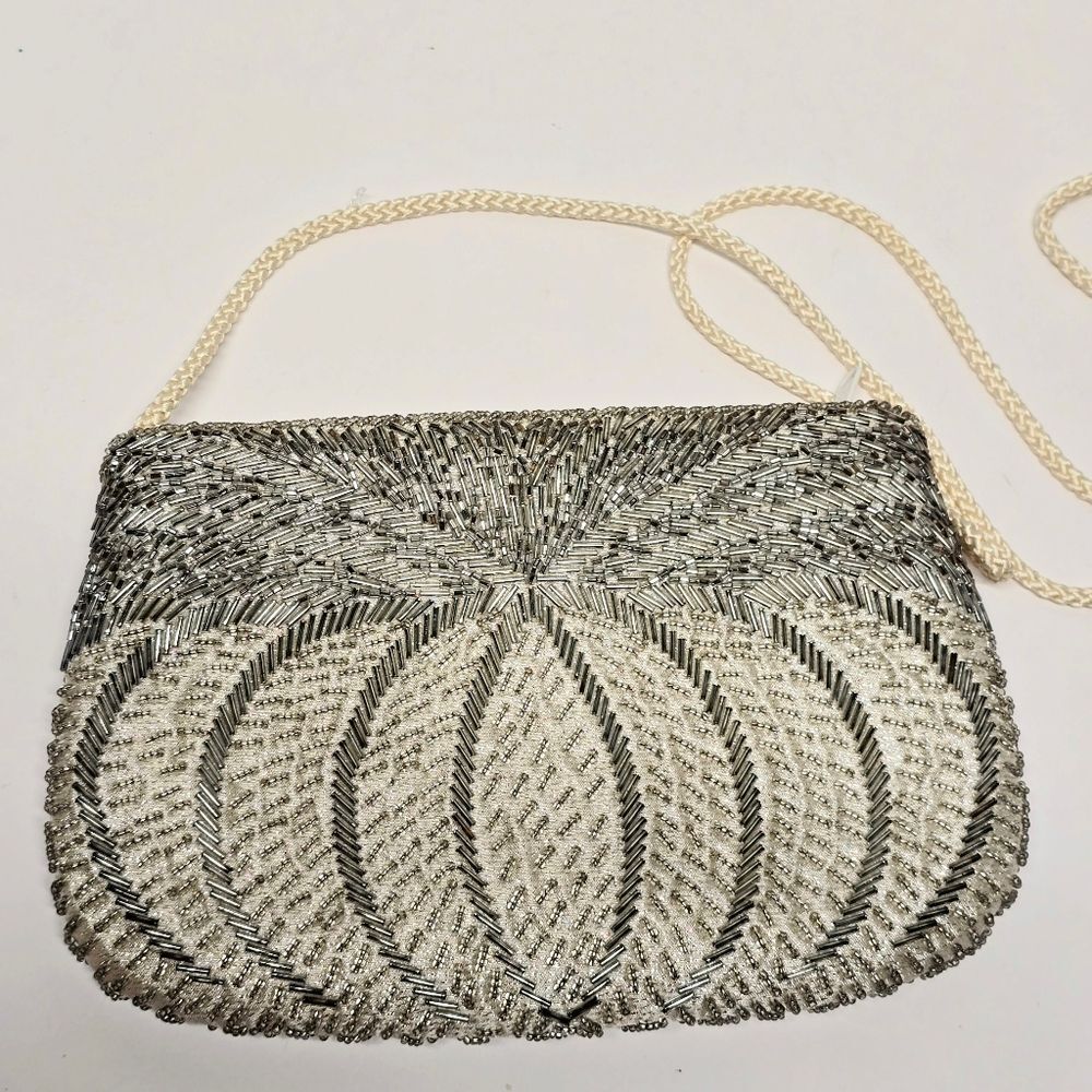 Gallery Originals Evening Purse Silver Hand-beaded Braid Strap Vintage 80s